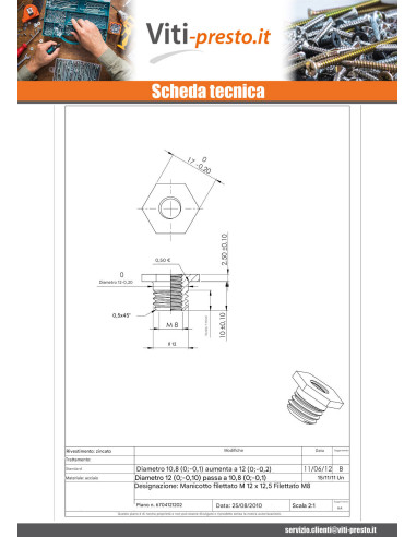 1 x Inserto Filettata M12X12.5 Interno M8 Zincate