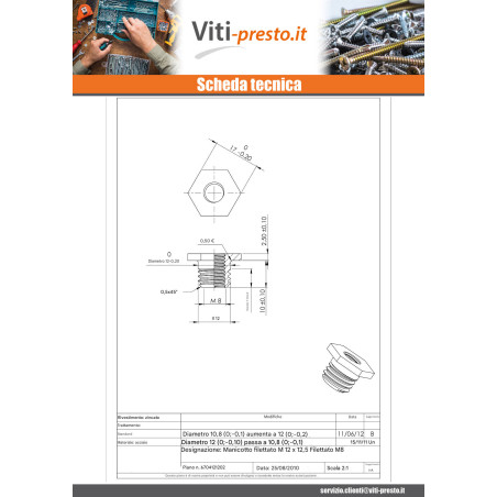 1 x Inserto Filettata M12X12.5 Interno M8 Zincate
