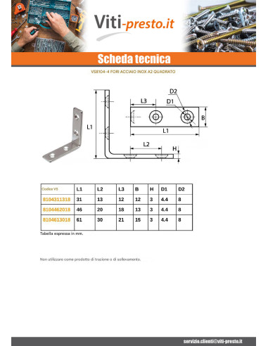 1 x Staffe 61X61X15 4 Fori Acciaio Inox A2
