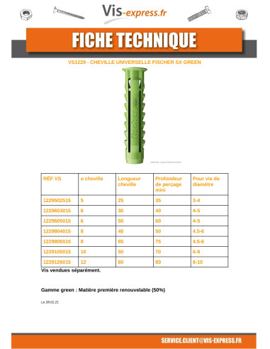 1 x Tassello Fischer SX VERDE 12X60