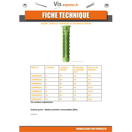1 x Tassello Fischer SX VERDE 12X60