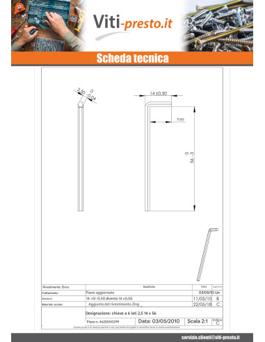 1 x Chiave A Brugola Da 2.5 14X56 Zincate