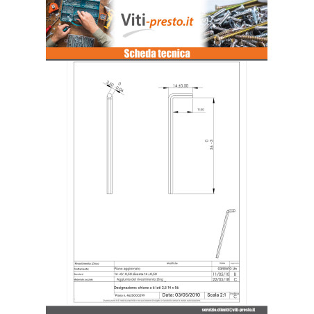 1 x Chiave A Brugola Da 2.5 14X56 Zincate