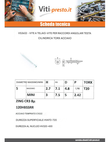 1 x Vite HARDWARE ANGOLARE Testa Cilindrica T20...