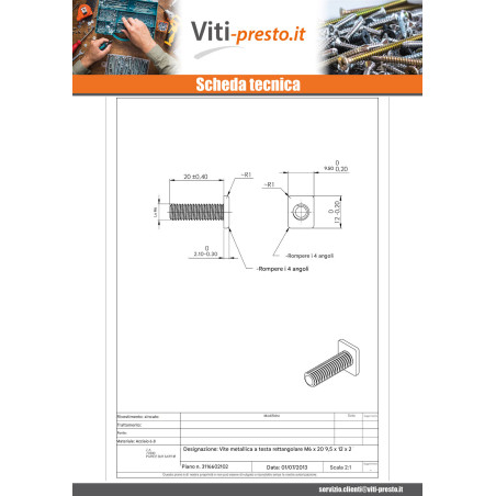 1 x Vite Per Metalli Testa Rettangolare M6X20 9,5X12X2 Zincate