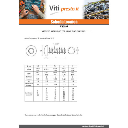 1 x Vite Per Pvc TRILOBO Testa Cilindrica Bombata T15 4x16 Filetto 45 Zincate
