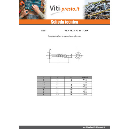 1 x Vite Per Legno E Truciolato Acciaio Inox A2 Testa Forata 4X65 Filettata Su 36 T20