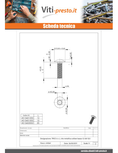 1 x Testa Poelier Con Colletto Quadrato M6X30...