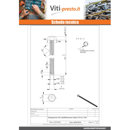 1 x Vite Per Lamiera Autofilettante Testa Esagonale 6,3 x 100 Acciaio Inox A2 Zincate
