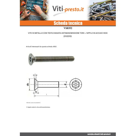 1 x Vite Per Metalli Acciaio Inox A2 Di Sicurezza Testa Forata T10 con perno M3X16 microviti