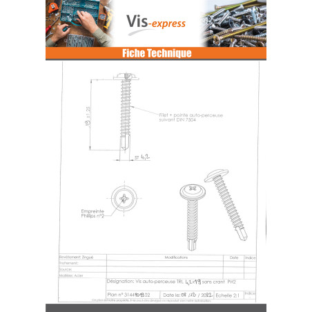 1 x Vite Autoperforante Testa Poelier Larga Phillips 4,2 x 19 Zincate