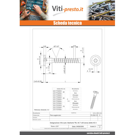 1 x Vite Autoperforante Confirmat Testa Poelier Larga Esagono Incassato 7X40 Bicromato