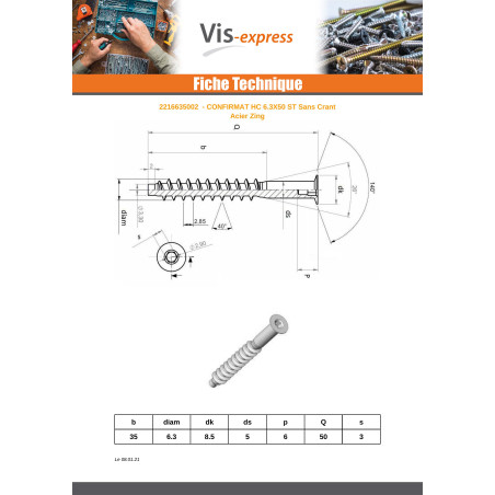 1 x Vite Autoperforante Confirmat Testa Forata Esagono Incassato 6,3X50 Filetto A Lamiera SS Dentellato Zincate