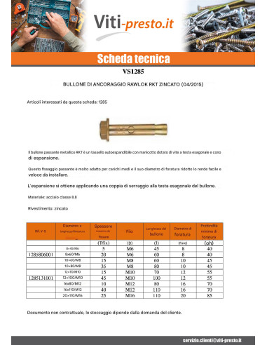 1 x Bullone Metallo RKT 8X60 M6 Zincate
