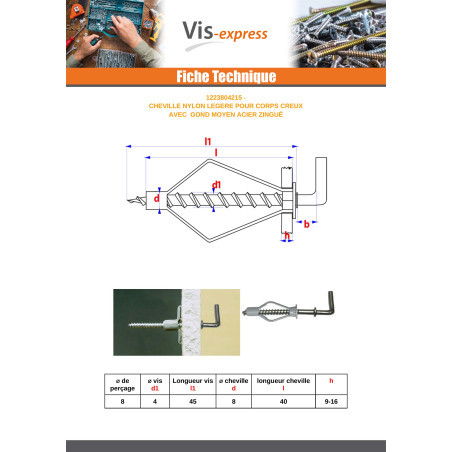 1 x Tassello Nylon 8X40 Con Gancio MEDIA Flangia 4X45