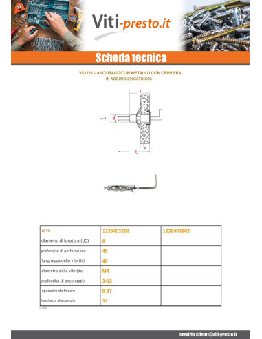 1 x Tassello Metallico 4X32 con Gancio Zincate