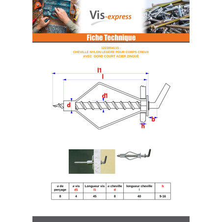 1 x Tassello Nylon 8X40 Con Gancio CORTO Flangia 4X45
