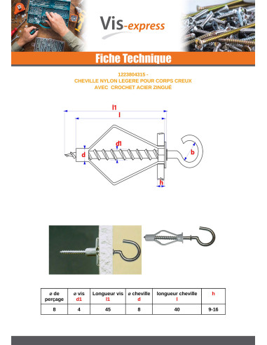 1 x Tassello Nylon 8X40 Con Gancio Con Flangia...