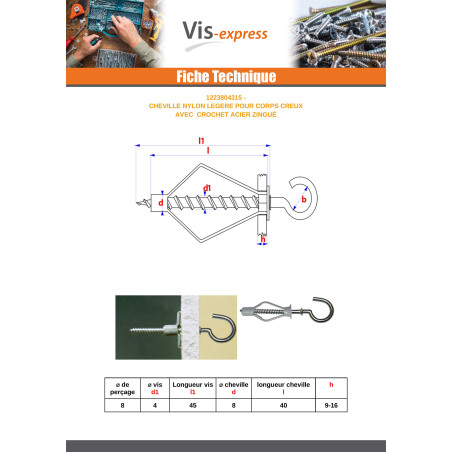 1 x Tassello Nylon 8X40 Con Gancio Con Flangia 4X45