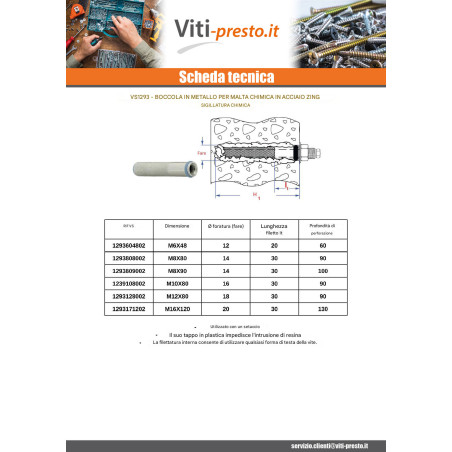 1 x Bussola metallica per ancorante chimico M6X48 Zincate