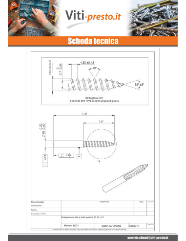 1 x Vite A Legno Senza Testa 10X210 Filettata...