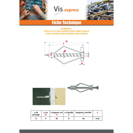 1 x Tassello Nylon 8X40 Con Viti Per Legno Testa Forata 4X45