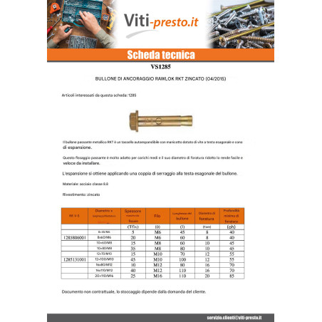 1 x Bullone Metallo RKT 16X110 M12 Zincate
