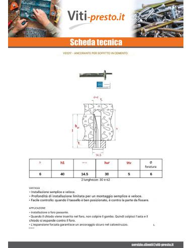 1 x Tassello Per SOFFITTO Calcestruzzo 6X35