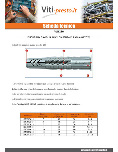 1 x Tassello Nylon Fischer UX Senza Flangia 14X75