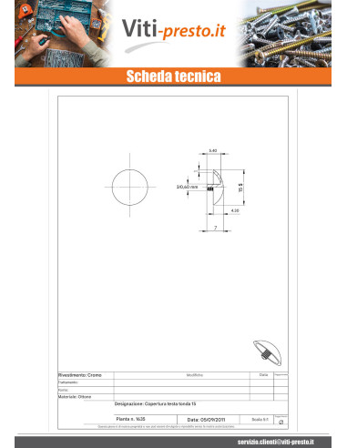 1 x Copritesta Tondo Ottone Cromato Diametro 15...