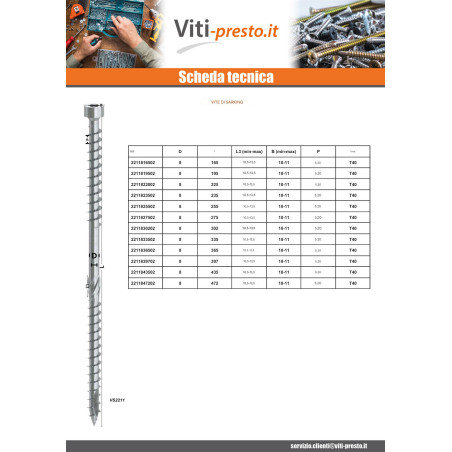 1 x Viti per saracinesca Testa Cilindrica a doppio filetto T40 8X365 Zincate