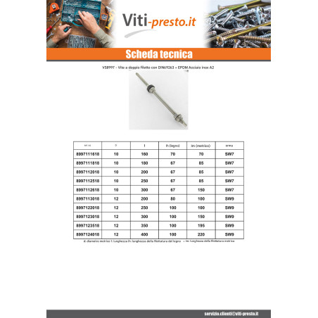 1 x Viti per pannelli solari SW9 12X400 Acciaio Inox A2
