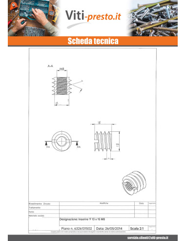 1 x Inserto Con Intaglio Zincate M8 13X15