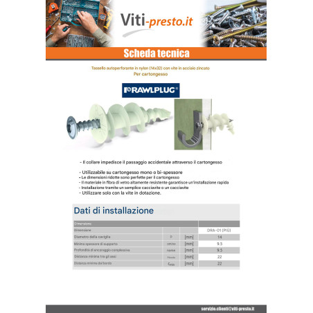 1 x Tassello Nylon Vite Autoperforante RAWLPLUG 14X32 Con Vite Zincate