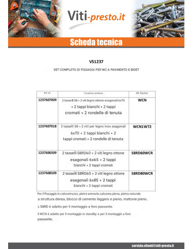 1 x KIT Fissaggio wc Vite Ottone 6X65 Fischer