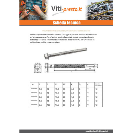 1 x Vite Autoperforante Bimetallo Testa Esagonale Flangia 5,5X38 Bimetallo Acciaio / Acciaio Inox A2