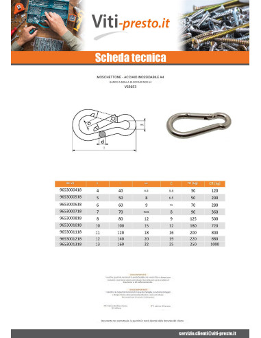 1 x Moschettone Acciaio Inox A4 Diametro 4