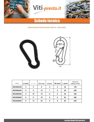 1 x Moschettone Acciaio Inox A4 Nero Diametro 3