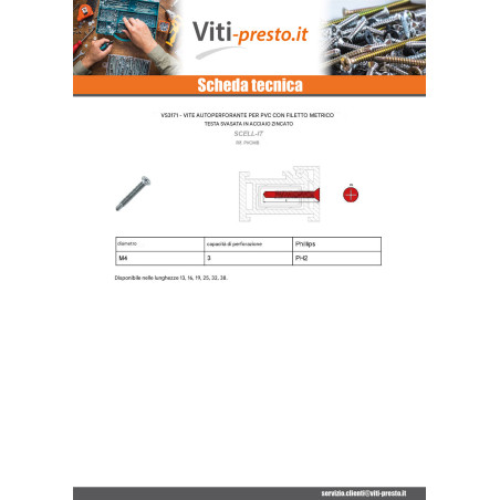 1 x Vite Autoperforante Pvc Metalli Testa Forata Phillips 2 4X13 Zincate