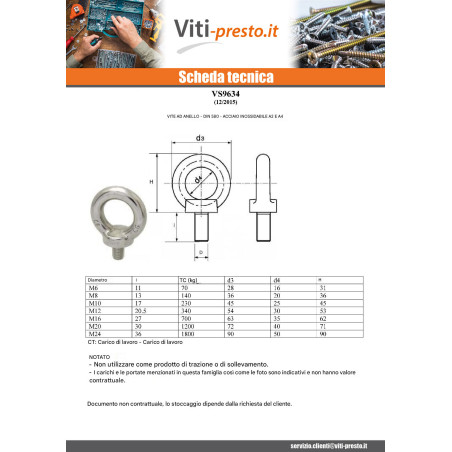 1 x Vite Anello Di Sollevamento M24X36 Acciaio Inox A2