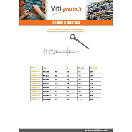 1 x Golfare con Vite con Occhio Filettato M8X100 Con Dado Acciaio Inox A4