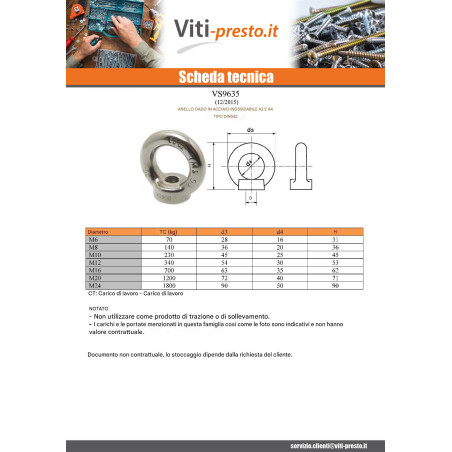 1 x Dado con Anello Di Sollevamento M8 Acciaio Inox A2