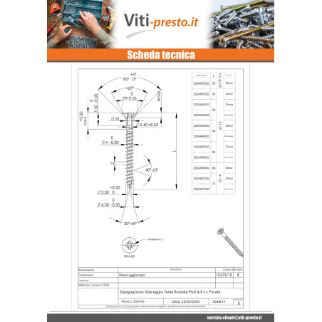1 x Vite Per Legno E Truciolato Testa Forata Pozi PZ5 4,5X45 Forata Zincate