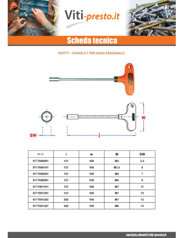1 x Chiave a T Per Dado esagonale 13X262