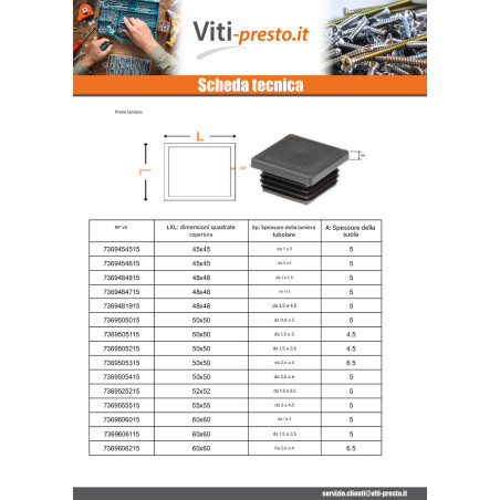 1 x Tappo Lamellare Quadrato 20x20 Espessura da chapa do tubo 0,8 con 3 Polietilene Nero