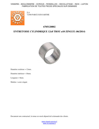 1 x Distanziatore Liscio 12X8 Foro 10 Zincate