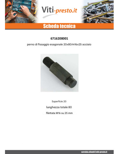 1 x PICOT Fissaggio Esagonale 20X80 Filettata...