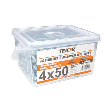 1 x Secchio di 385 Viti per legno TEKOR 4X50 Testa Forata T20 cut Chiodo Anti-Spacco 17 Zincate