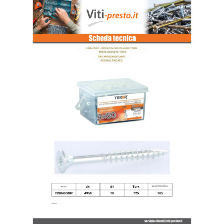1 x Secchio di 385 Viti per legno TEKOR 4X50 Testa Forata T20 cut Chiodo Anti-Spacco 17 Zincate