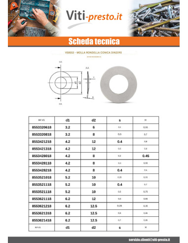 1 x Rondella Conico PRIMAVERA Acciaio Inox 8,2...
